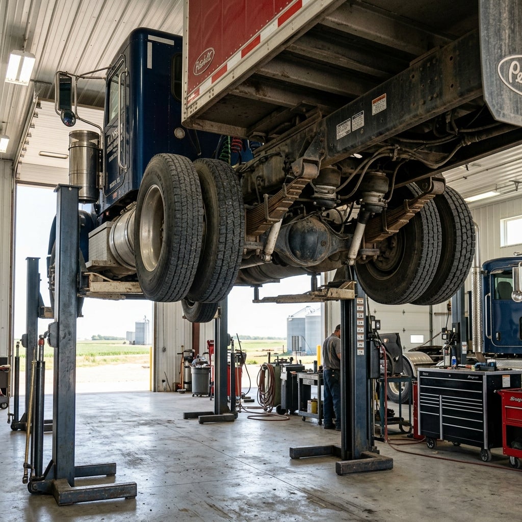 Blue semi-truck raised high on hydraulic lifts inside a commercial repair shop with a mechanic working nearby. (Representative image for illustration purposes only. Actual vehicle may vary based on trim and configuration.)