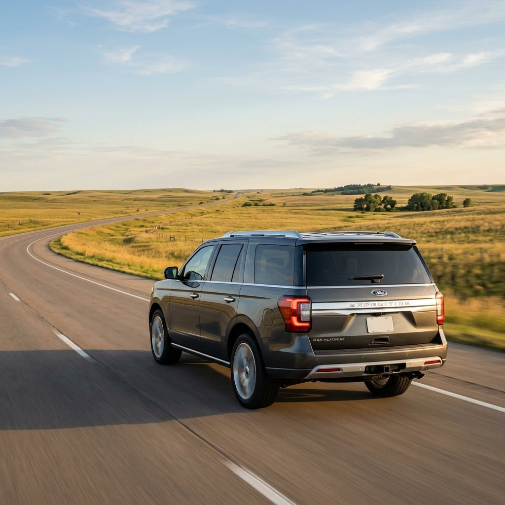 Rear view of a dark grey Ford Expedition SUV driving along a winding highway through rolling grassy hills. (Representative image for illustration purposes only. Actual vehicle may vary based on trim and configuration.)