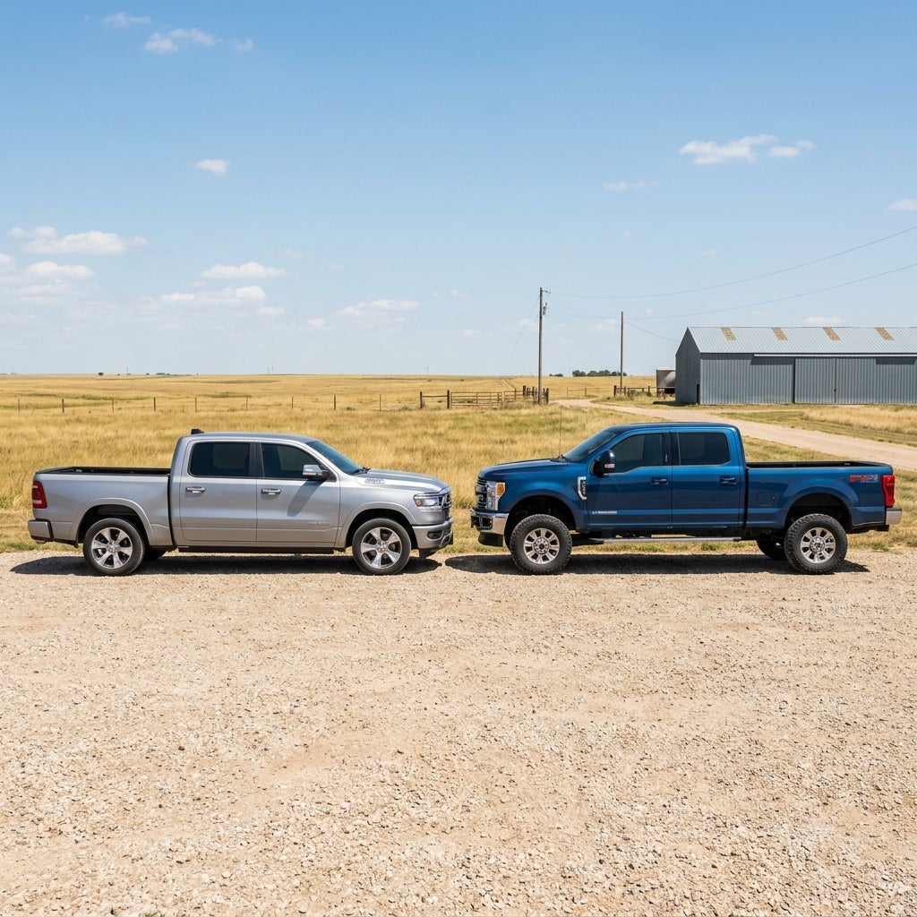 A silver Ram 1500 and a blue Ford Super Duty pickup truck parked nose-to-nose on a gravel road in a rural field. (Representative image for illustration purposes only. Actual vehicle may vary based on trim and configuration.)