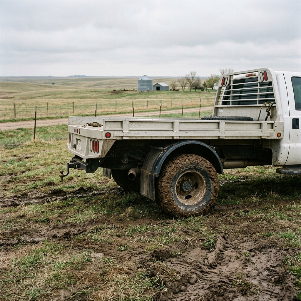 A white flatbed pickup truck with a muddy rear tire parked in a rutted, muddy field with rolling hills in the background. (Representative image for illustration purposes only. Actual vehicle may vary based on trim and configuration.)