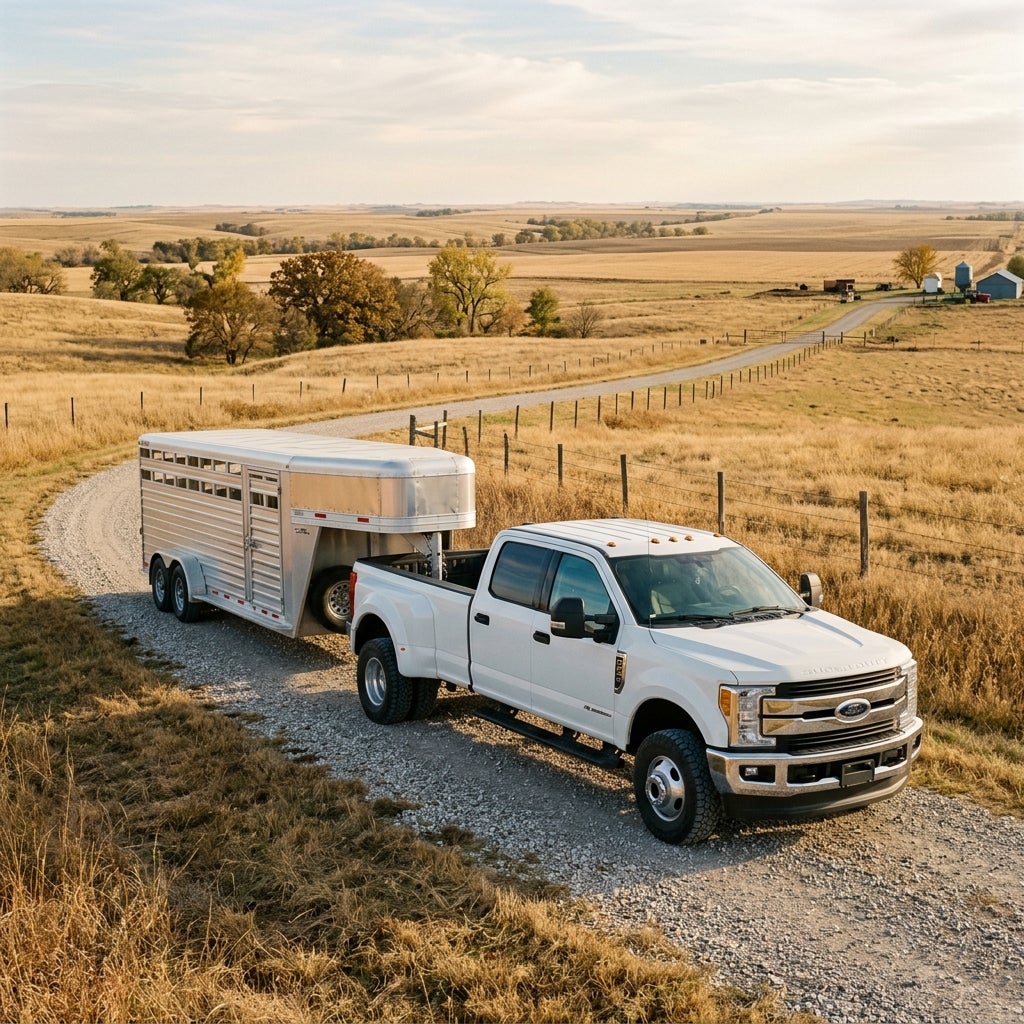 White Ford Super Duty dually truck towing a silver livestock trailer on a winding gravel country road. (Representative image for illustration purposes only. Actual vehicle may vary based on trim and configuration.)