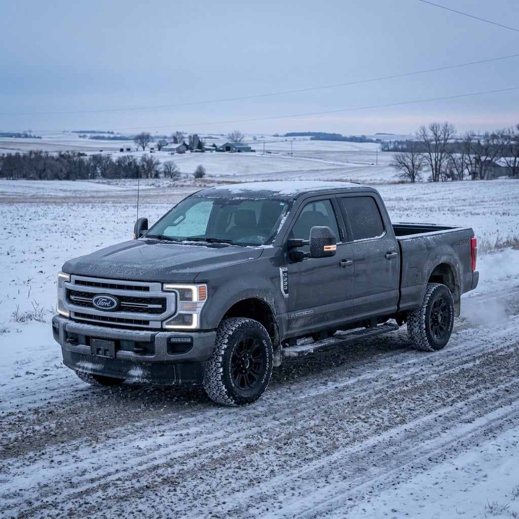 A dark grey Ford Super Duty pickup truck parked on a snowy rural dirt road surrounded by snow-covered fields. (Representative image for illustration purposes only. Actual vehicle may vary based on trim and configuration.)