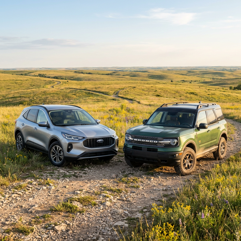 A silver Ford Escape and a green Ford Bronco Sport parked next to each other on a rocky dirt trail in a grassy field. (Representative image for illustration purposes only. Actual vehicle may vary based on trim and configuration.)