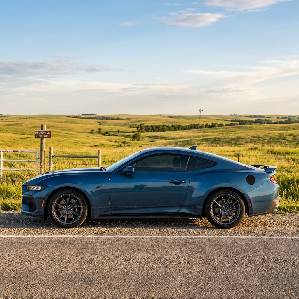 Profile of a blue Ford Mustang parked on a rural roadside with rolling green hills in the background. (Representative image for illustration purposes only. Actual vehicle may vary based on trim and configuration.)