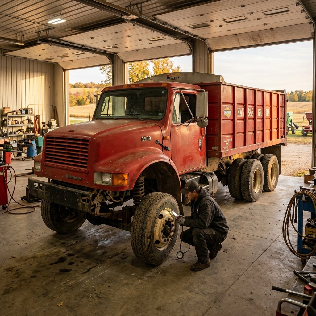 A mechanic kneeling inside a garage while inspecting the front tire of a large red International grain truck. (Representative image for illustration purposes only. Actual vehicle may vary based on trim and configuration.)