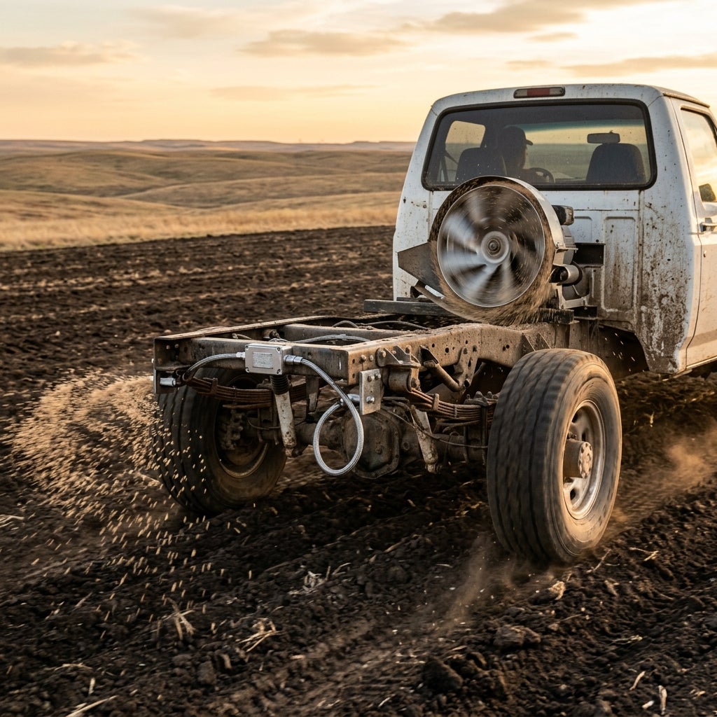 A modified white truck without a bed uses a spinning spreader to sow seeds across a plowed farm field. (Representative image for illustration purposes only. Actual vehicle may vary based on trim and configuration.)