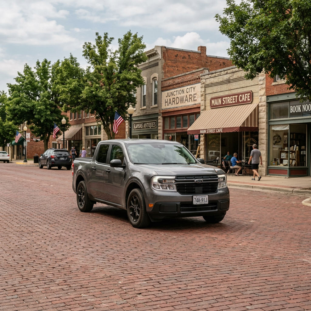 A gray Ford Maverick pickup truck parked on a historic red brick street in a small town center. (Representative image for illustration purposes only. Actual vehicle may vary based on trim and configuration.)