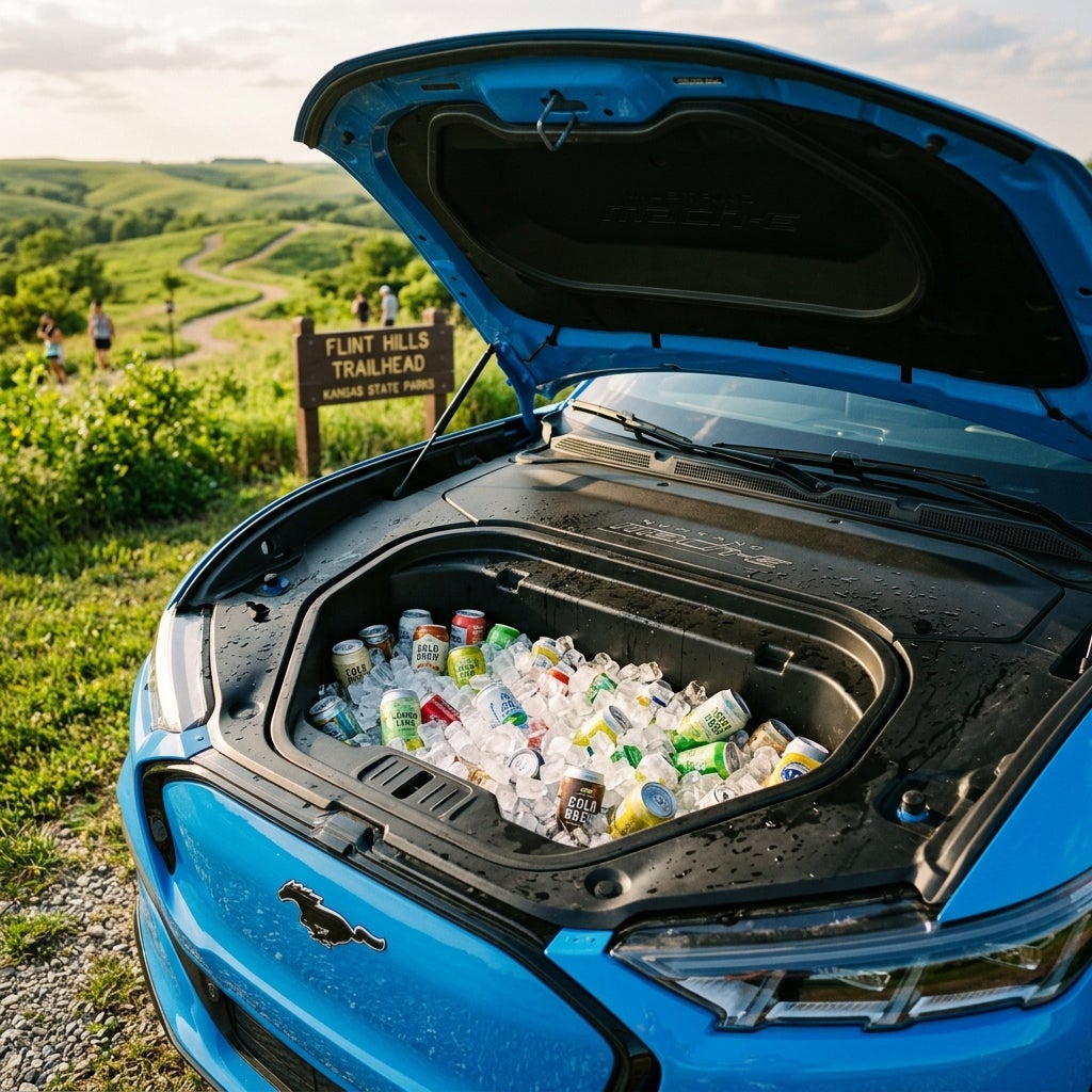 A blue Ford Mustang Mach-E with its front trunk open, filled with ice and canned drinks at a Kansas park trailhead. (Representative image for illustration purposes only. Actual vehicle may vary based on trim and configuration.)