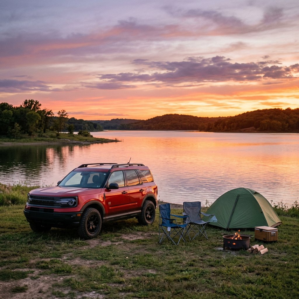 A red Ford Bronco Sport parked next to a green tent and campfire by a lake at sunset. (Representative image for illustration purposes only. Actual vehicle may vary based on trim and configuration.)