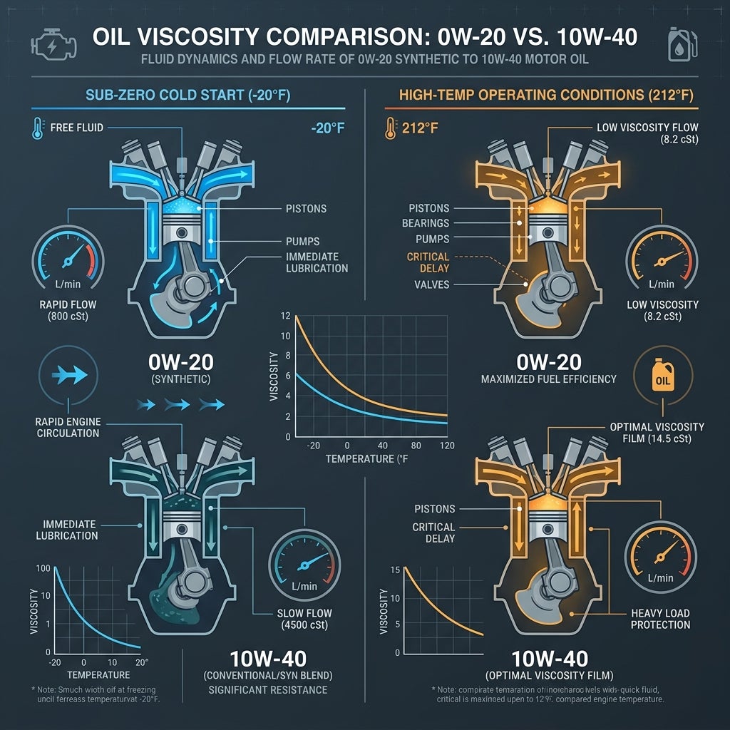 Infographic comparing 0W-20 synthetic and 10W-40 motor oil performance at sub-zero cold start and high operating temperatures. (Representative image for illustration purposes only. Actual vehicle may vary based on trim and configuration.)