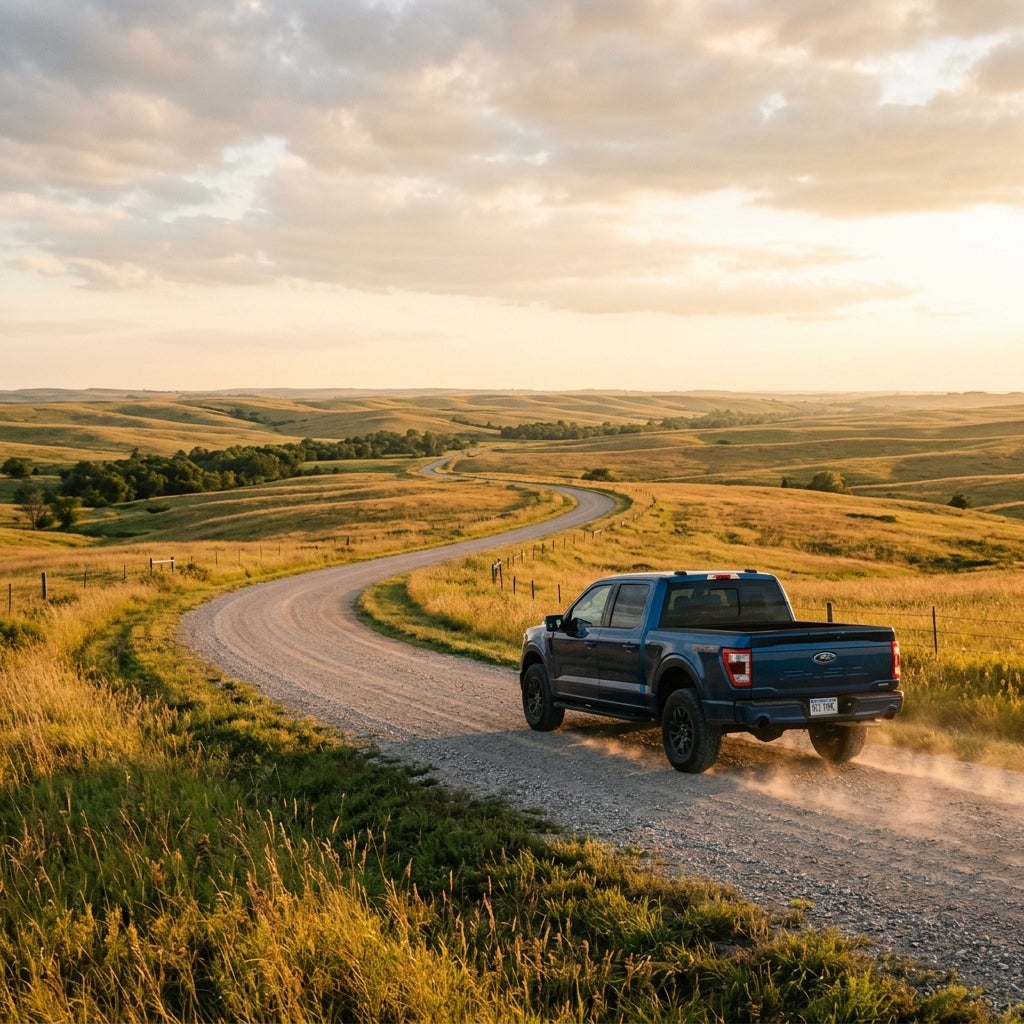 A blue pickup truck drives along a winding gravel road through rolling countryside hills at golden hour. (Representative image for illustration purposes only. Actual vehicle may vary based on trim and configuration.)