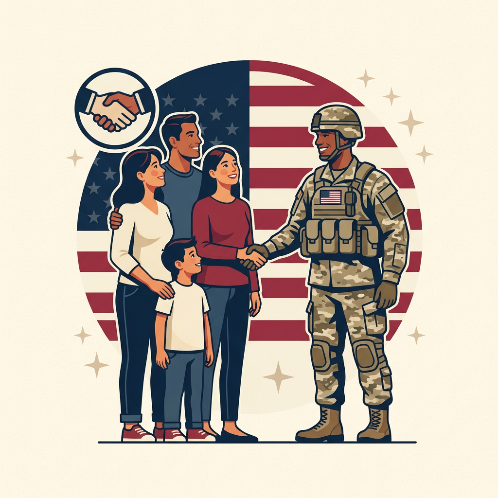Illustration of an American soldier in camouflage shaking hands with a smiling family against a US flag background. (Representative image for illustration purposes only. Actual vehicle may vary based on trim and configuration.)