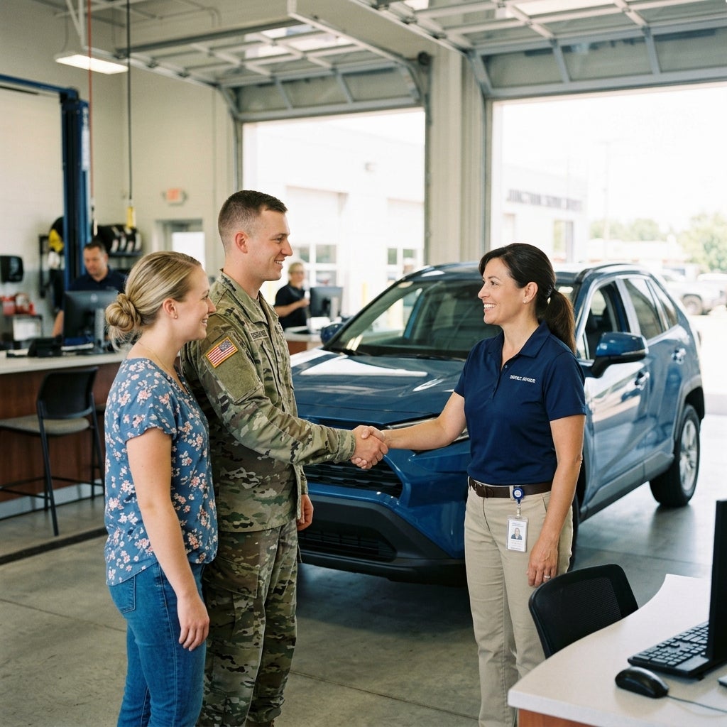 A female service advisor shakes hands with a US military serviceman and his partner at a car dealership. (Representative image for illustration purposes only. Actual vehicle may vary based on trim and configuration.)