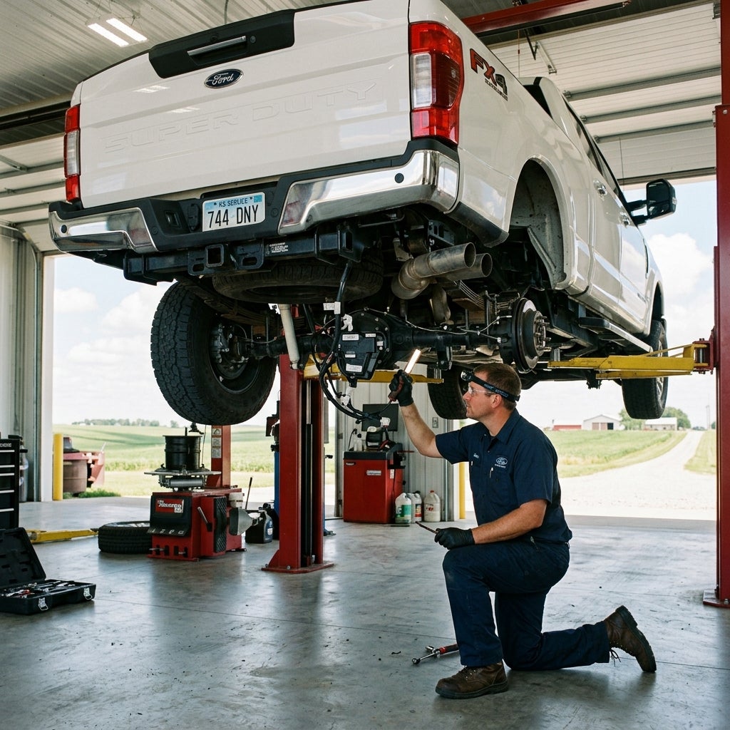 A mechanic kneeling beneath an elevated white Ford Super Duty truck in an auto repair shop, holding a work light. (Representative image for illustration purposes only. Actual vehicle may vary based on trim and configuration.)
