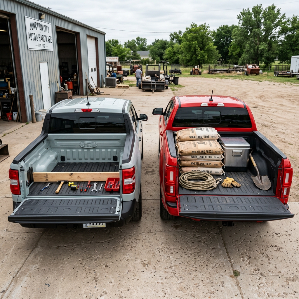 Two Ford pickup trucks parked side-by-side with open tailgates displaying tools, feed bags, and equipment in their beds. (Representative image for illustration purposes only. Actual vehicle may vary based on trim and configuration.)