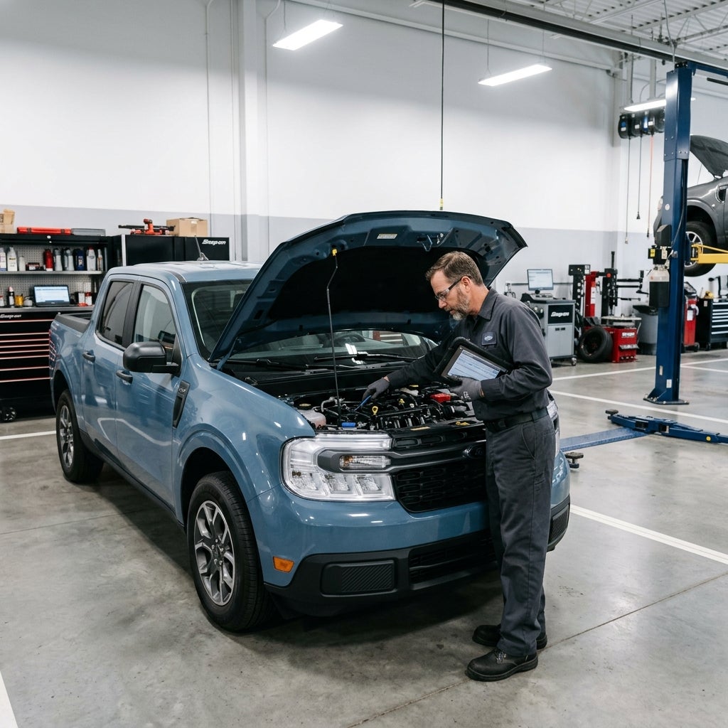 Mechanic holding a tablet and inspecting the engine of a blue pickup truck in a modern garage. (Representative image for illustration purposes only. Actual vehicle may vary based on trim and configuration.)
