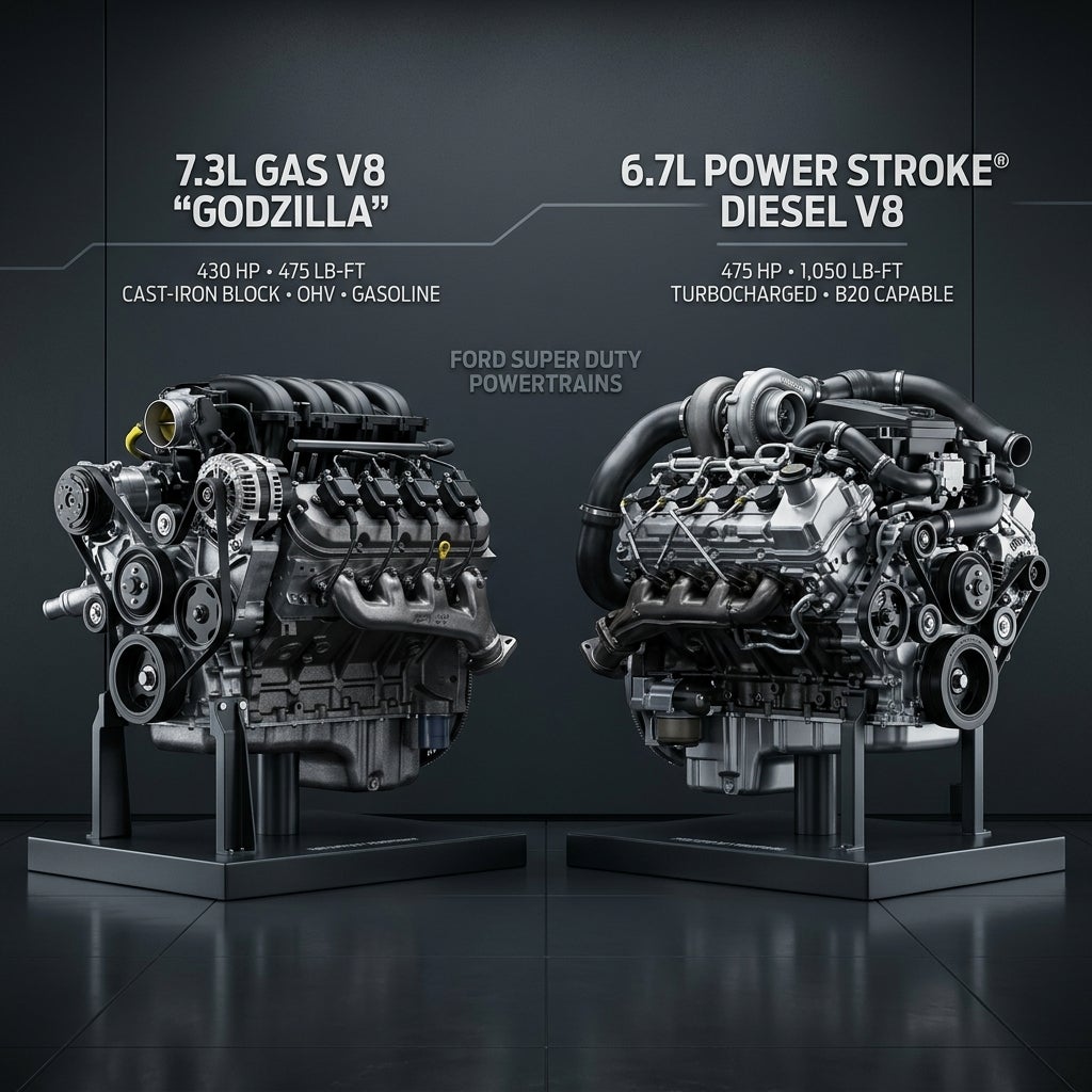 Side-by-side comparison of Ford's 7.3L Godzilla gas V8 and 6.7L Power Stroke diesel V8 engines on display stands. (Representative image for illustration purposes only. Actual vehicle may vary based on trim and configuration.)