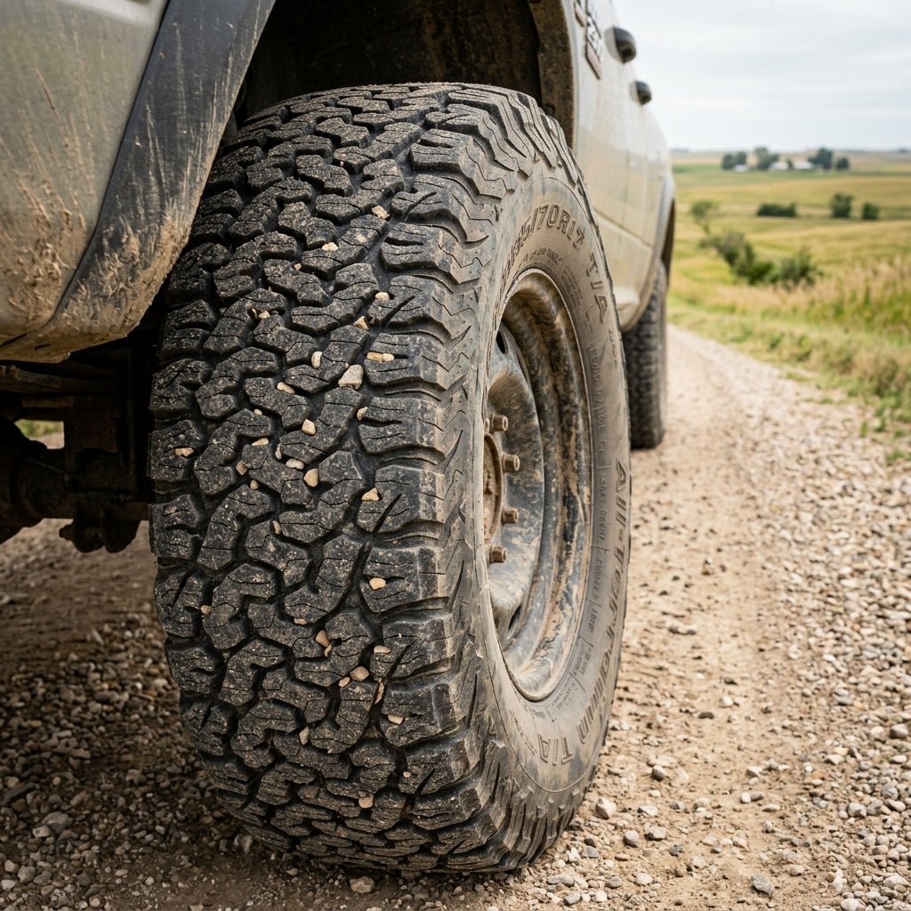 Close-up of a rugged all-terrain truck tire with gravel stuck in its deep tread on a dirt road. (Representative image for illustration purposes only. Actual vehicle may vary based on trim and configuration.)