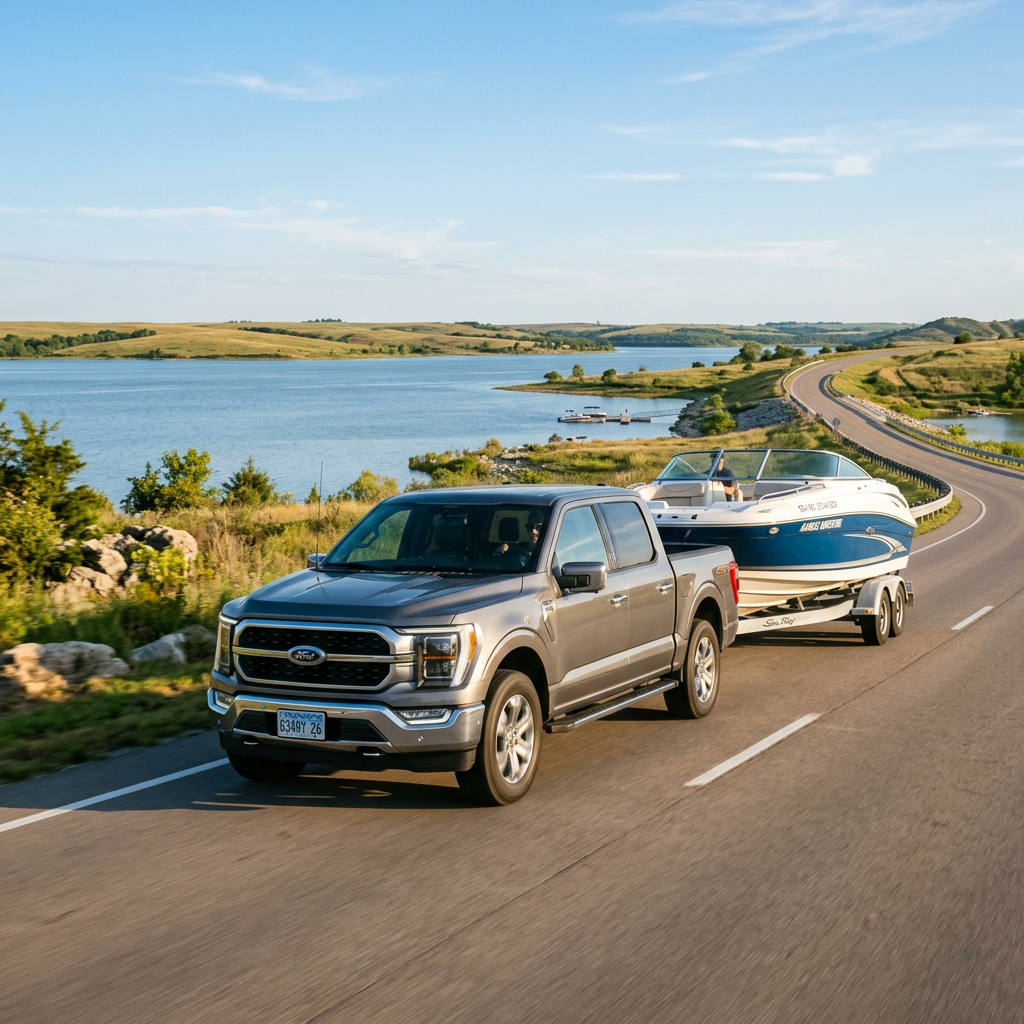 Grey Ford pickup truck towing a blue and white boat on a winding road next to a scenic lake. (Representative image for illustration purposes only. Actual vehicle may vary based on trim and configuration.)