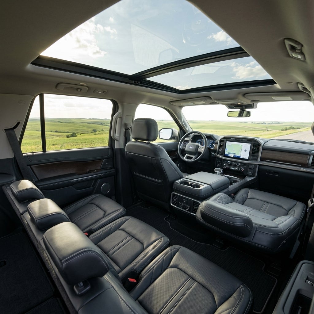 View inside a luxury SUV showing black leather seats, a high-tech dashboard, and an expansive panoramic sunroof. (Representative image for illustration purposes only. Actual vehicle may vary based on trim and configuration.)