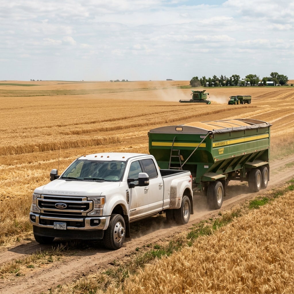 A white Ford Super Duty truck towing a green grain cart filled with wheat along a dirt path in a vast field. (Representative image for illustration purposes only. Actual vehicle may vary based on trim and configuration.)