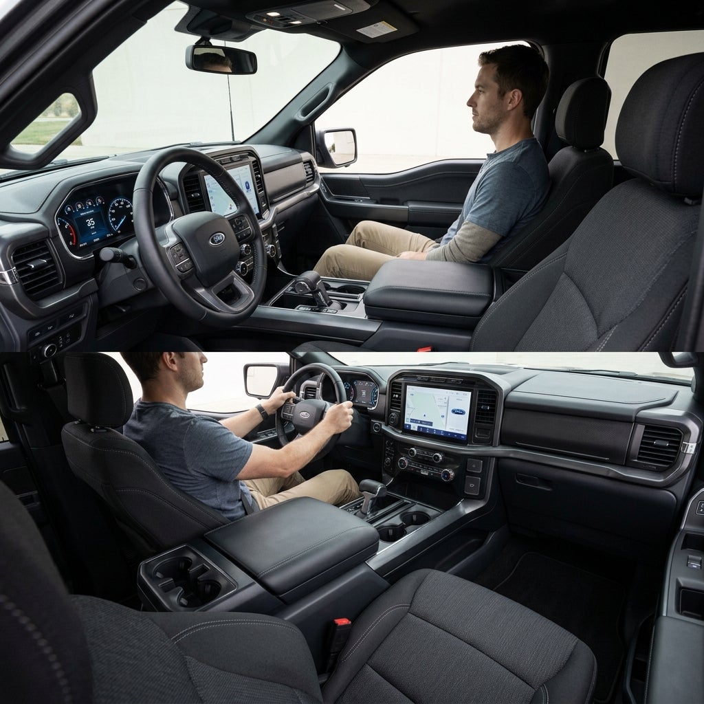 Two-panel view of a man sitting inside the driver and passenger seats of a modern Ford F-150 truck interior. (Representative image for illustration purposes only. Actual vehicle may vary based on trim and configuration.)