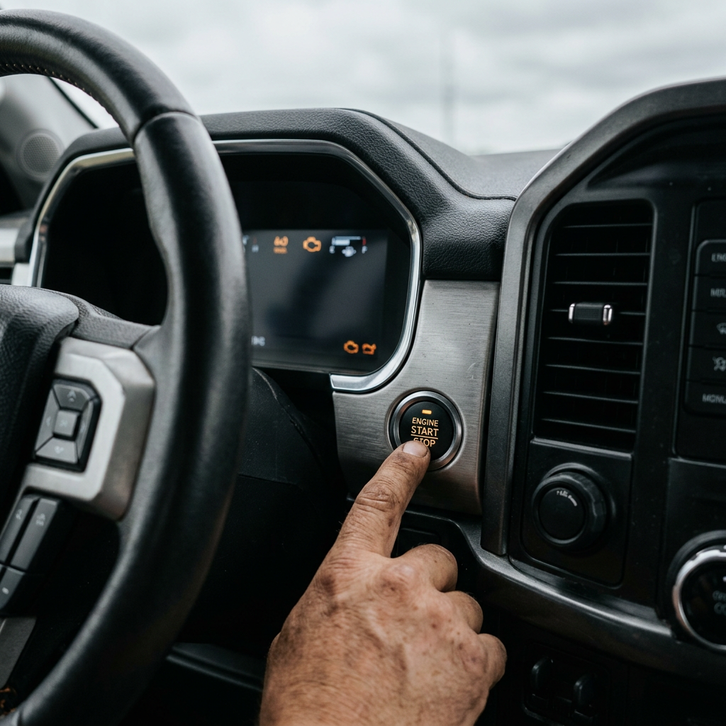 A person's finger pressing an orange-illuminated engine start-stop button on a car dashboard. (Representative image for illustration purposes only. Actual vehicle may vary based on trim and configuration.)