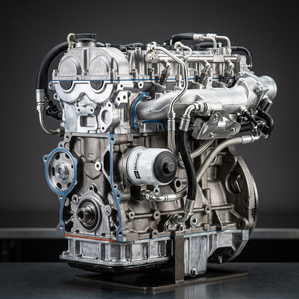 A clean, modern internal combustion engine mounted on a stand against a gray background. (Representative image for illustration purposes only. Actual vehicle may vary based on trim and configuration.)