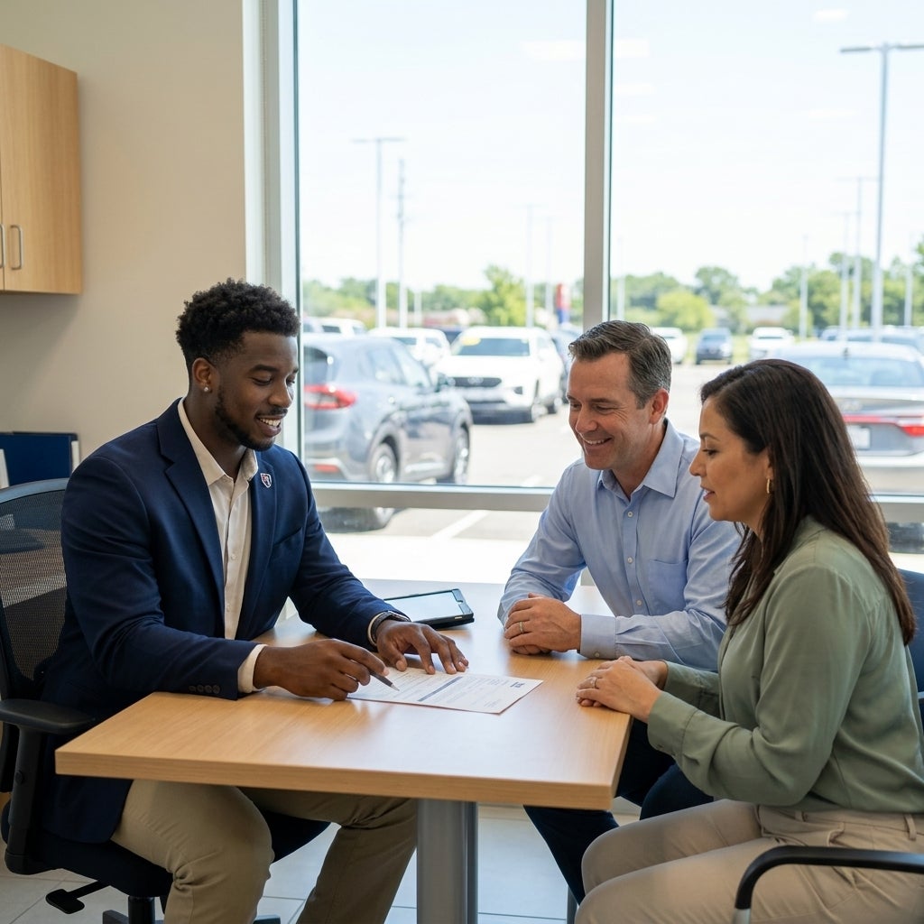 A car salesman at a dealership desk explaining documents to a smiling couple sitting across from him. (Representative image for illustration purposes only. Actual vehicle may vary based on trim and configuration.)