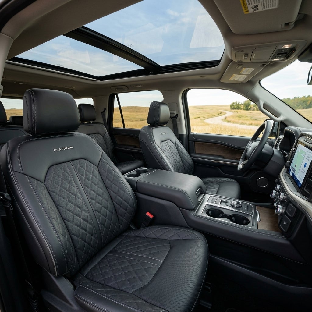 Black quilted leather driver seat and panoramic sunroof in a modern luxury SUV cabin. (Representative image for illustration purposes only. Actual vehicle may vary based on trim and configuration.)