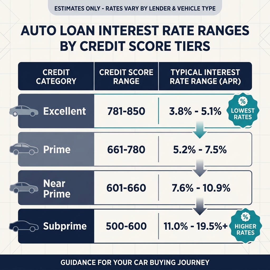 Chart showing auto loan interest rate ranges categorized by credit score tiers from Excellent to Subprime. (Representative image for illustration purposes only. Actual vehicle may vary based on trim and configuration.)