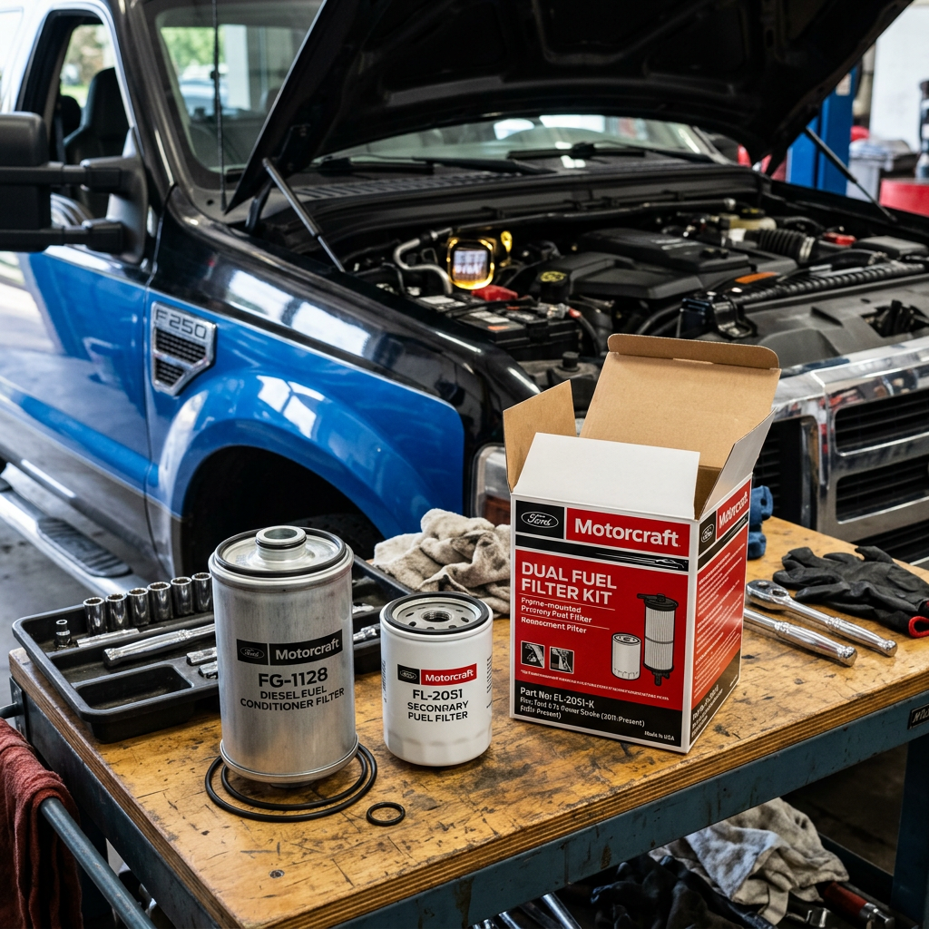 Motorcraft dual fuel filter kit with FG-1128 and FL-2051 filters on a workbench next to a Ford F-250 truck. (Representative image for illustration purposes only. Actual vehicle may vary based on trim and configuration.)