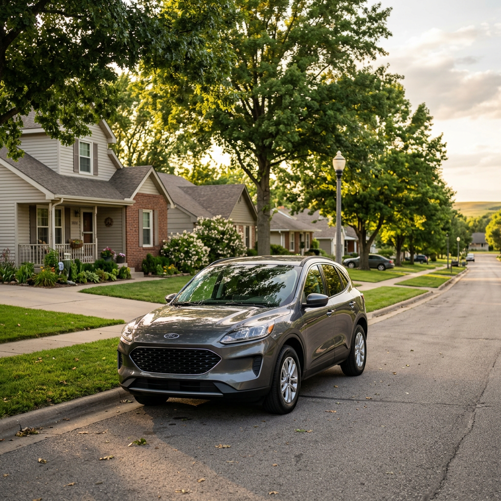 Gray Ford Escape SUV parked along the curb of a quiet suburban street with houses and trees. (Representative image for illustration purposes only. Actual vehicle may vary based on trim and configuration.)