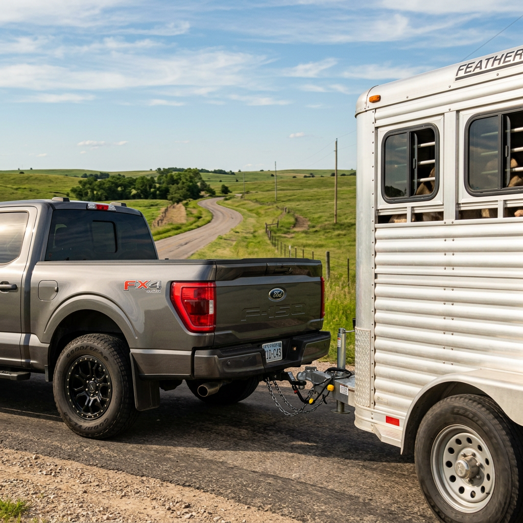 A grey Ford F-150 truck towing a silver Featherlite trailer along a rural road with green hills in the background. (Representative image for illustration purposes only. Actual vehicle may vary based on trim and configuration.)