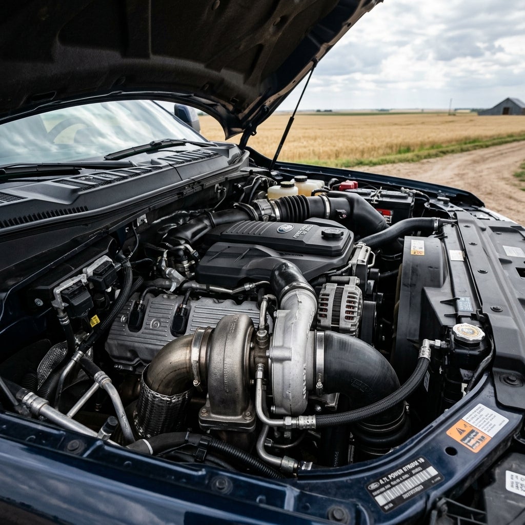 Close-up view of a Ford 6.7L Power Stroke V8 diesel engine bay with a large turbocharger under an open truck hood. (Representative image for illustration purposes only. Actual vehicle may vary based on trim and configuration.)