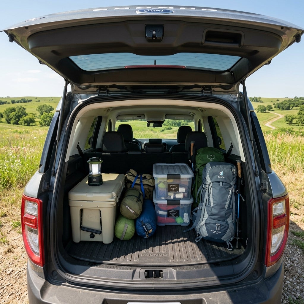 Open trunk of a grey Ford SUV loaded with camping gear, including a Yeti cooler, backpacks, and sleeping bags. (Representative image for illustration purposes only. Actual vehicle may vary based on trim and configuration.)