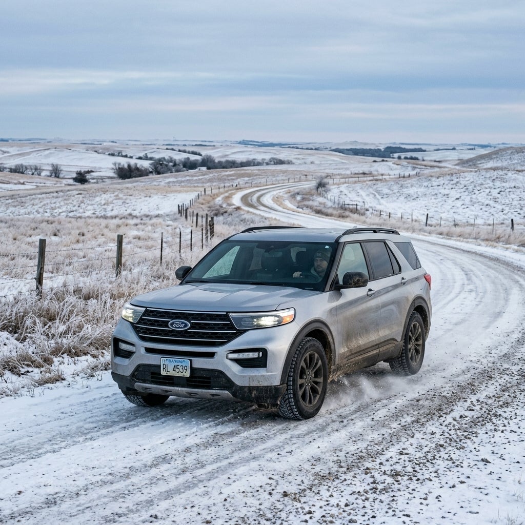 Silver Ford Explorer SUV driving down an icy, snow-covered gravel road through rolling winter hills. (Representative image for illustration purposes only. Actual vehicle may vary based on trim and configuration.)