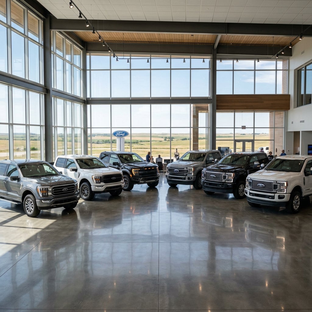 Six Ford pickup trucks parked on a polished floor inside a modern dealership showroom with large windows. (Representative image for illustration purposes only. Actual vehicle may vary based on trim and configuration.)