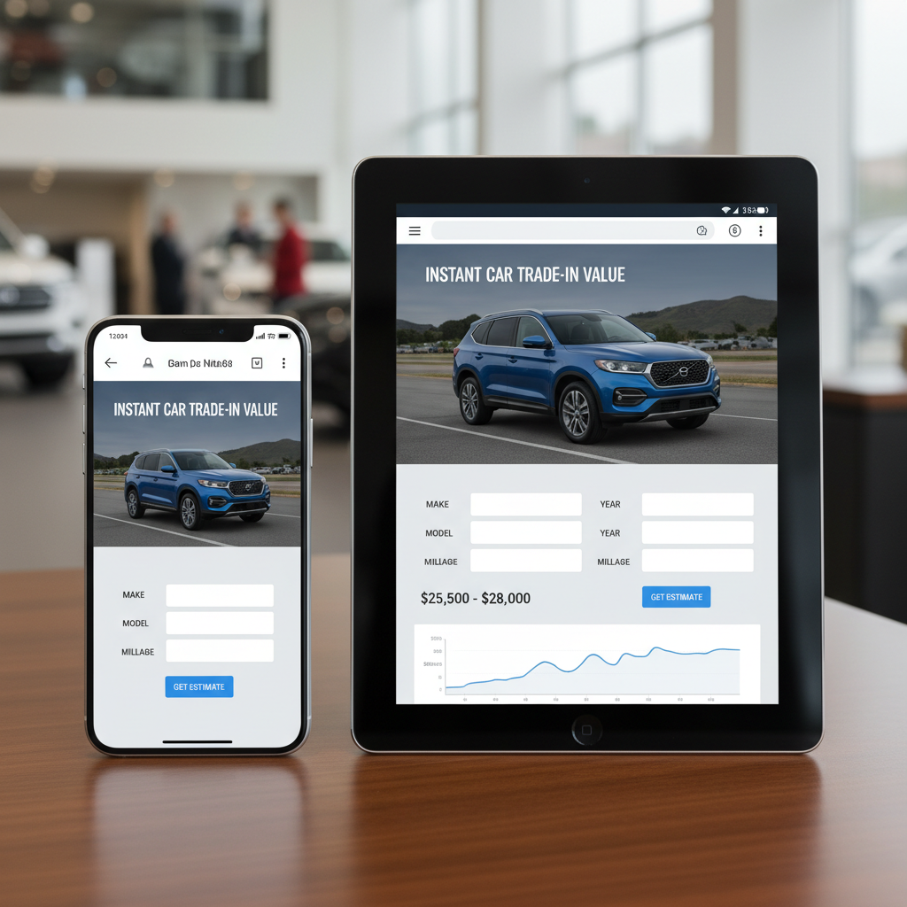 A smartphone and tablet side-by-side displaying a car trade-in value estimator tool in a car showroom. (Representative image for illustration purposes only. Actual vehicle may vary based on trim and configuration.)