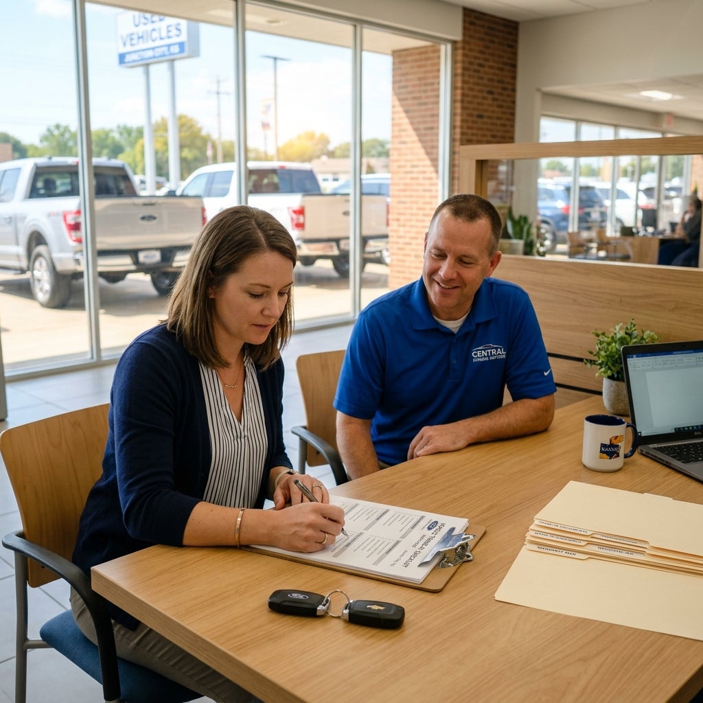 A woman fills out paperwork on a clipboard while a smiling dealership representative looks on at a wooden table. (Representative image for illustration purposes only. Actual vehicle may vary based on trim and configuration.)