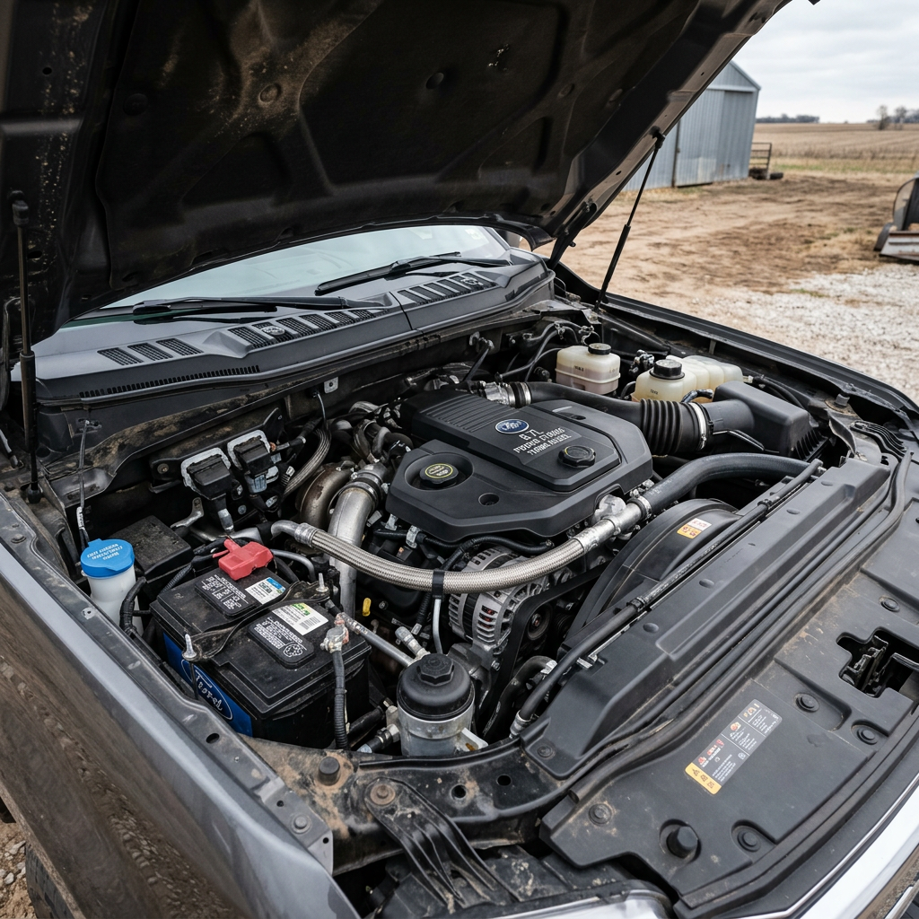 Open hood of a modern pickup truck revealing a clean, powerful diesel engine. (Representative image for illustration purposes only. Actual vehicle may vary based on trim and configuration.)