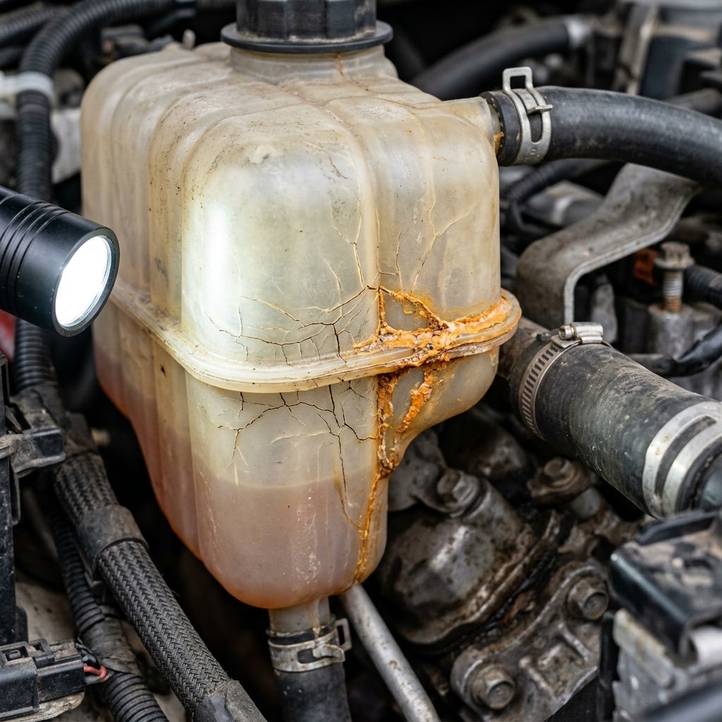 Cracked plastic engine coolant expansion tank with dried orange coolant residue leaking along deep stress fractures. (Representative image for illustration purposes only. Actual vehicle may vary based on trim and configuration.)