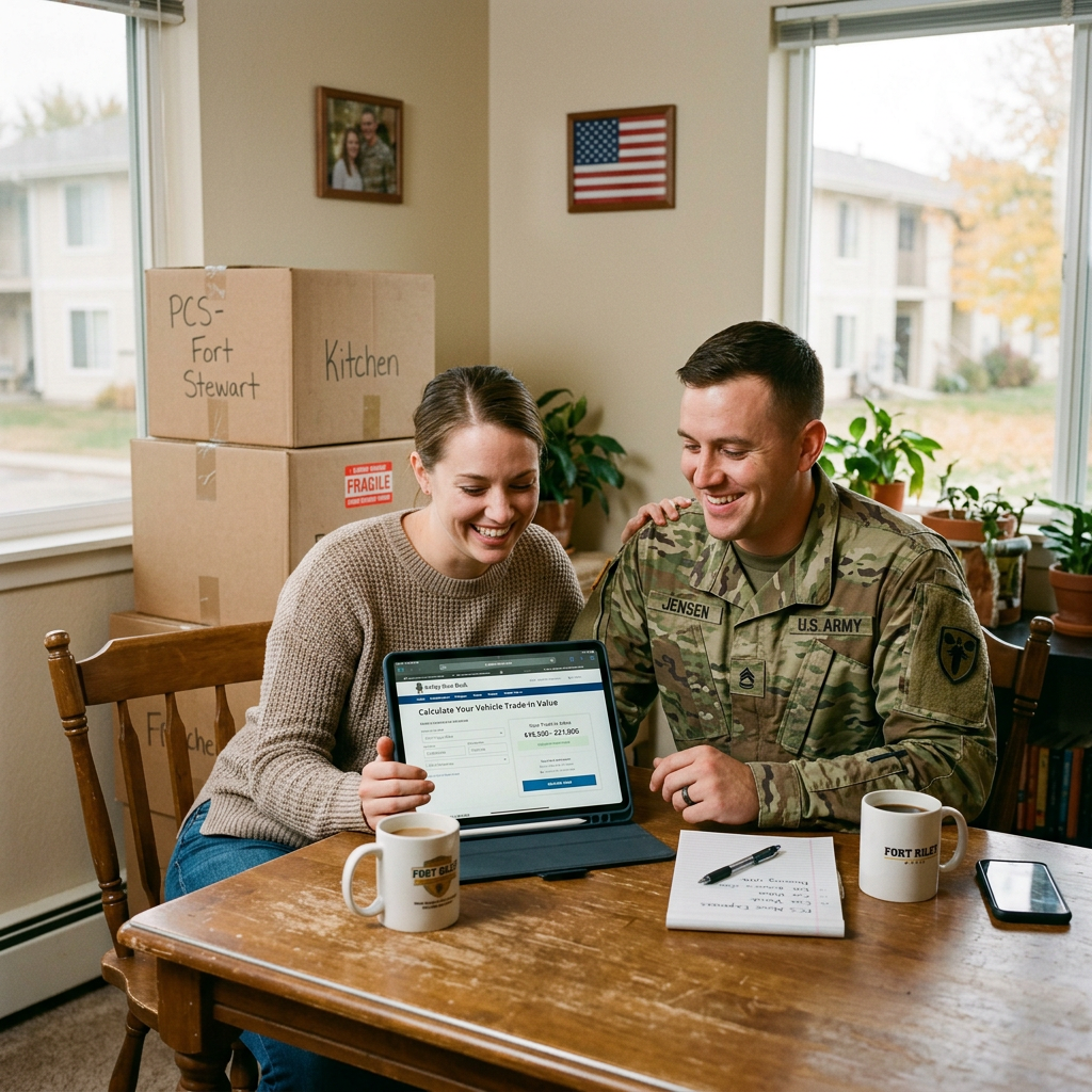 A military couple smiles while looking at a tablet displaying vehicle trade-in values amid moving boxes. (Representative image for illustration purposes only. Actual vehicle may vary based on trim and configuration.)
