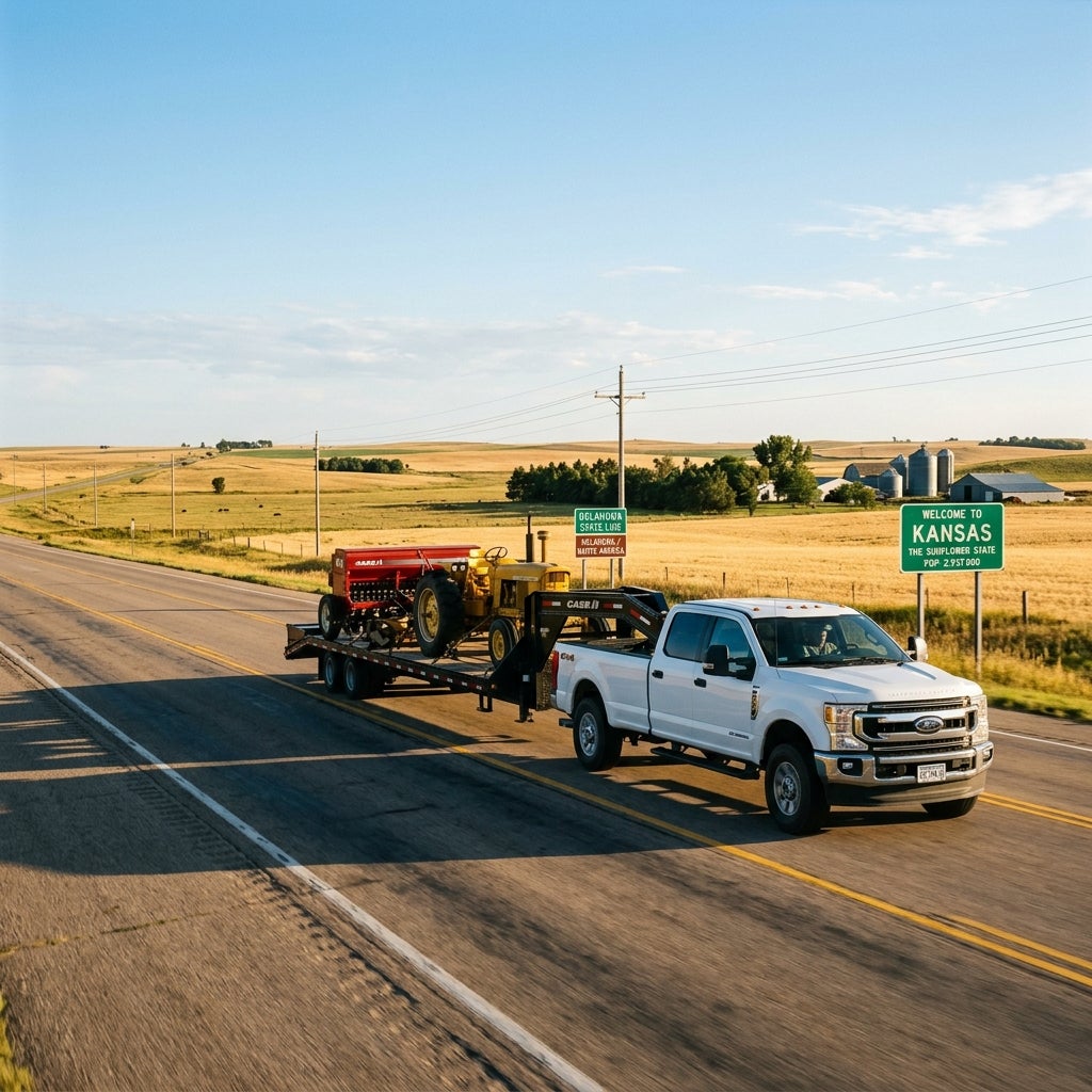 A white Ford pickup truck hauls a trailer carrying farm machinery past a Welcome to Kansas highway sign. (Representative image for illustration purposes only. Actual vehicle may vary based on trim and configuration.)