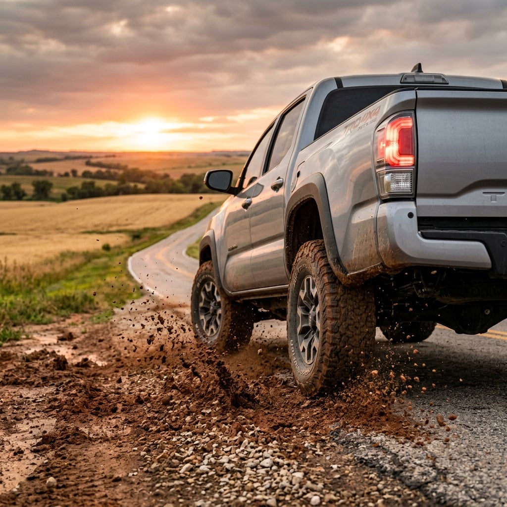Silver pickup truck kicking up mud on a rural road at sunset. (Representative image for illustration purposes only. Actual vehicle may vary based on trim and configuration.)