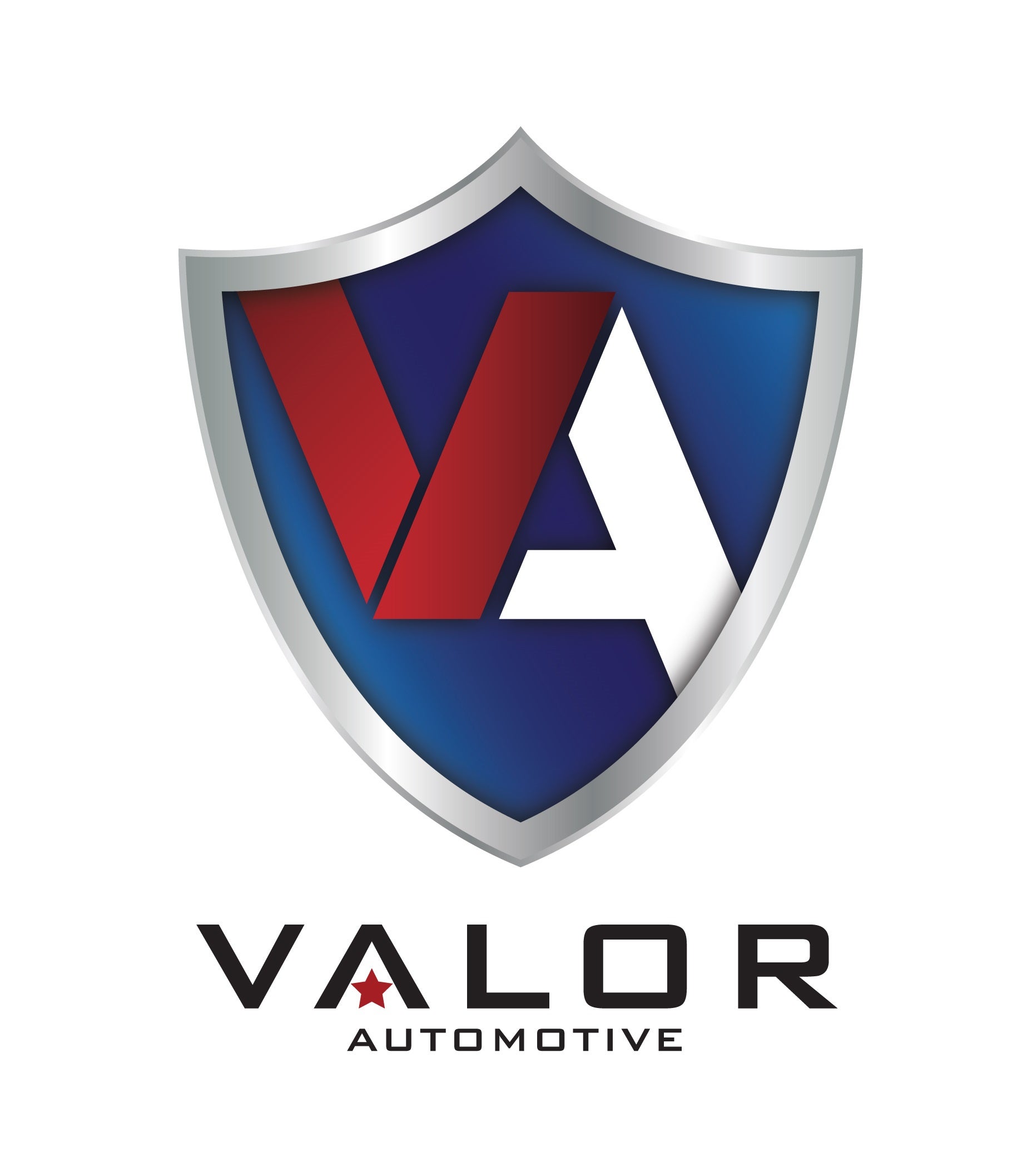 Logo for Valor Automotive featuring a silver shield with red 'V' and white 'A' monogram inside, over a blue background.