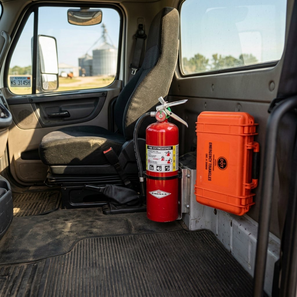 A red fire extinguisher and orange emergency triangle box mounted inside a commercial truck cab behind the seat. (Representative image for illustration purposes only. Actual vehicle may vary based on trim and configuration.)