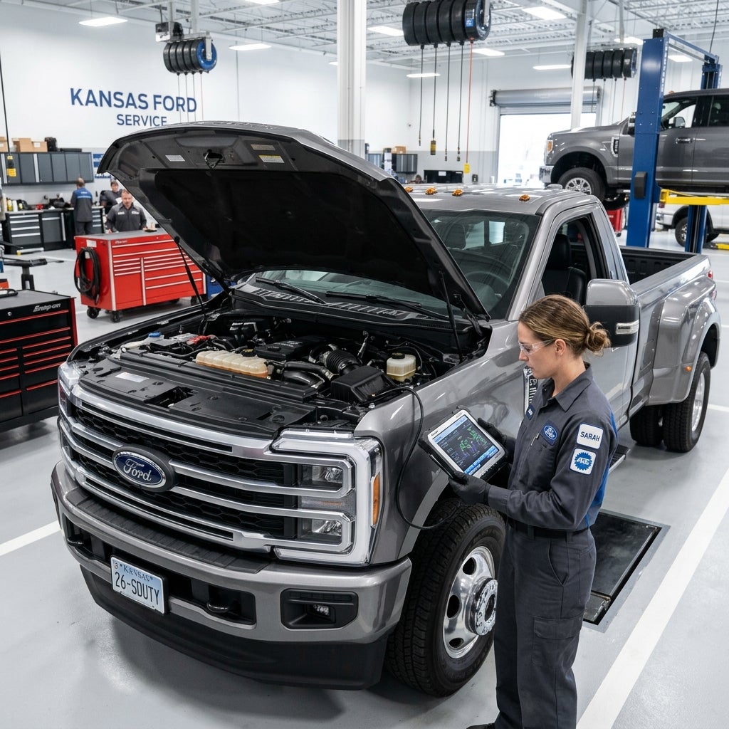 A female mechanic uses a diagnostic tablet on a grey Ford Super Duty truck in a modern dealership service bay. (Representative image for illustration purposes only. Actual vehicle may vary based on trim and configuration.)