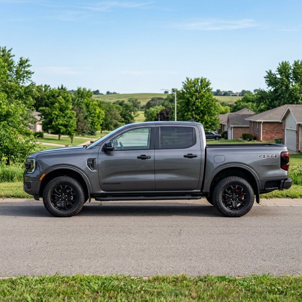Side profile of a grey Ford Ranger 4x4 pickup truck parked on a residential street. (Representative image for illustration purposes only. Actual vehicle may vary based on trim and configuration.)