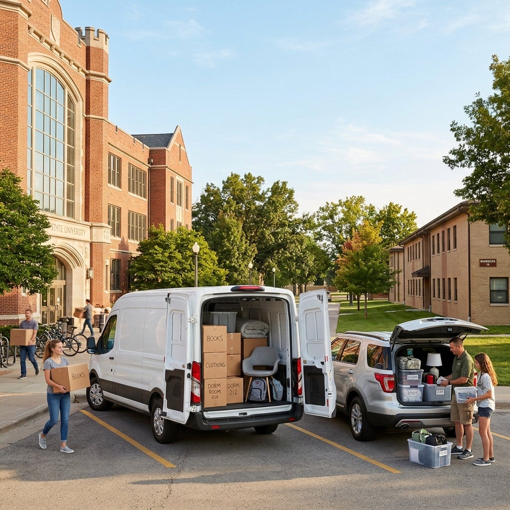 Students and parents unloading a white van and a silver SUV on a sunny college campus move-in day. (Representative image for illustration purposes only. Actual vehicle may vary based on trim and configuration.)